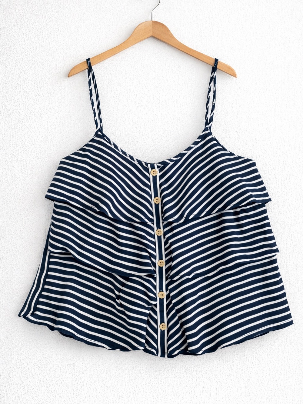 Body Central Navy and White Striped Ruffle Button Cami